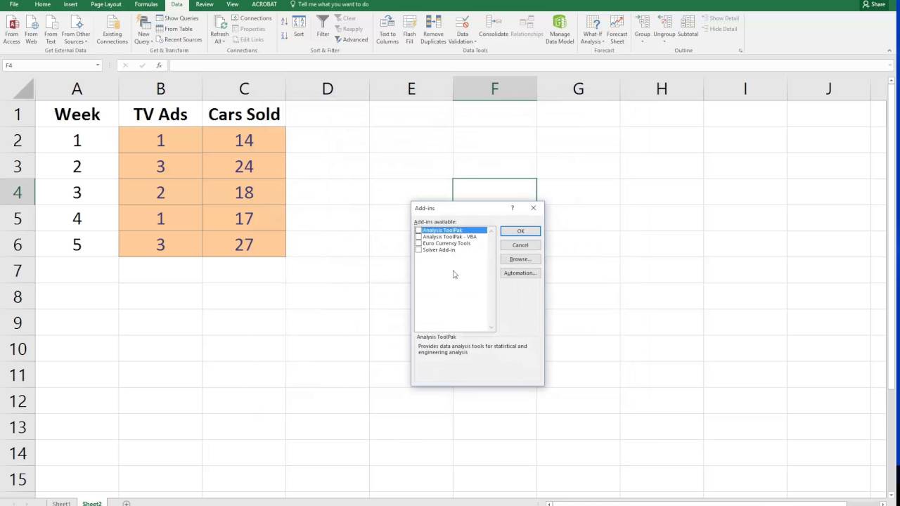 Excel Data Analysis Toolpak 2016